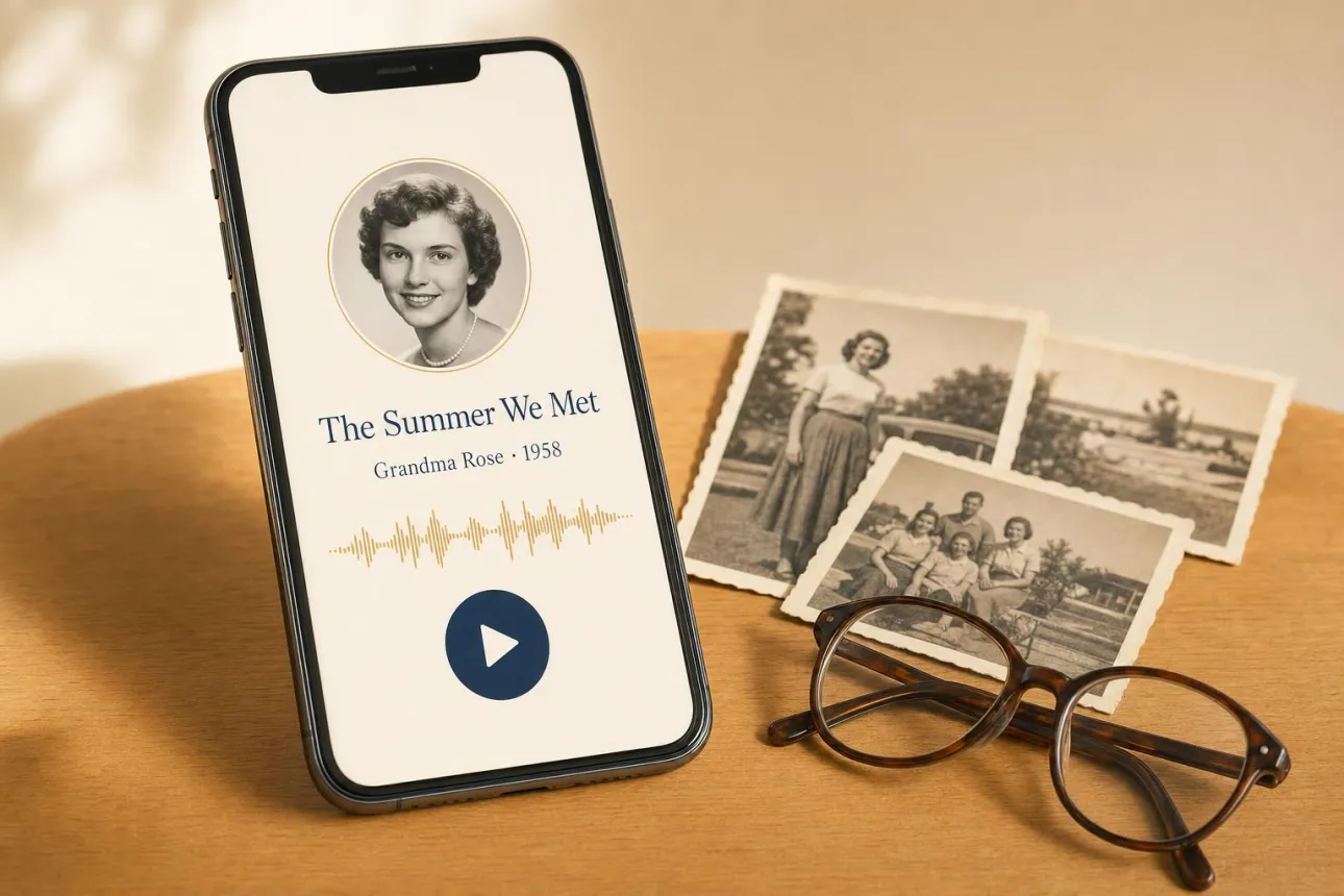 A phone ready to play a family story, beside vintage photographs
