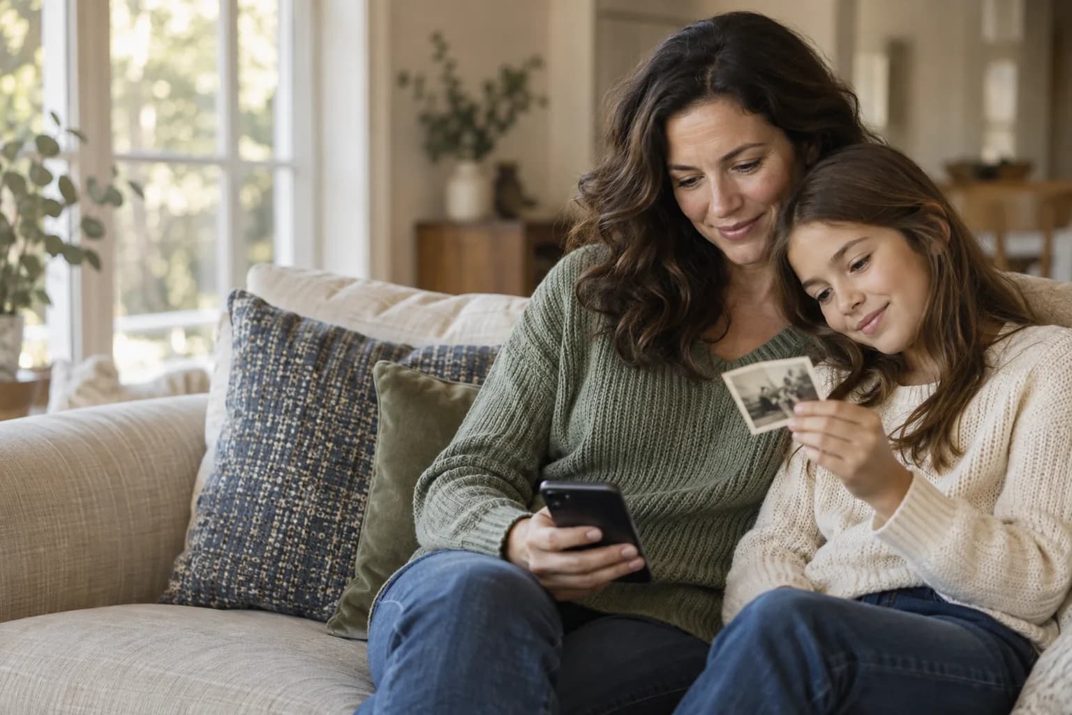 Illustrative scene of a mother and daughter listening together with a phone and a family photograph