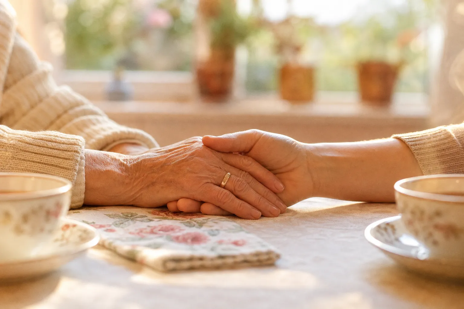 An adult child gently holding an elderly parent’s hand across a kitchen table