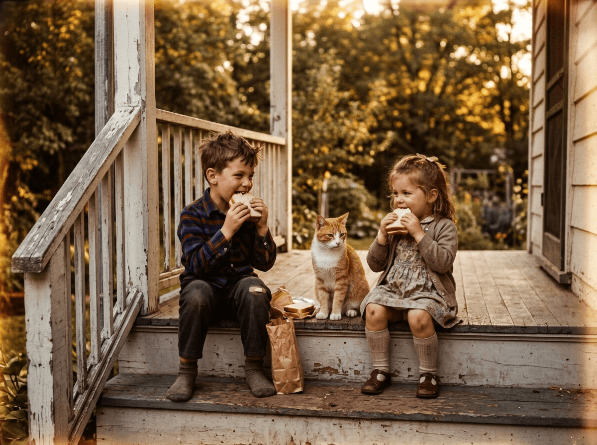 Lunch on the porch steps, with the cat