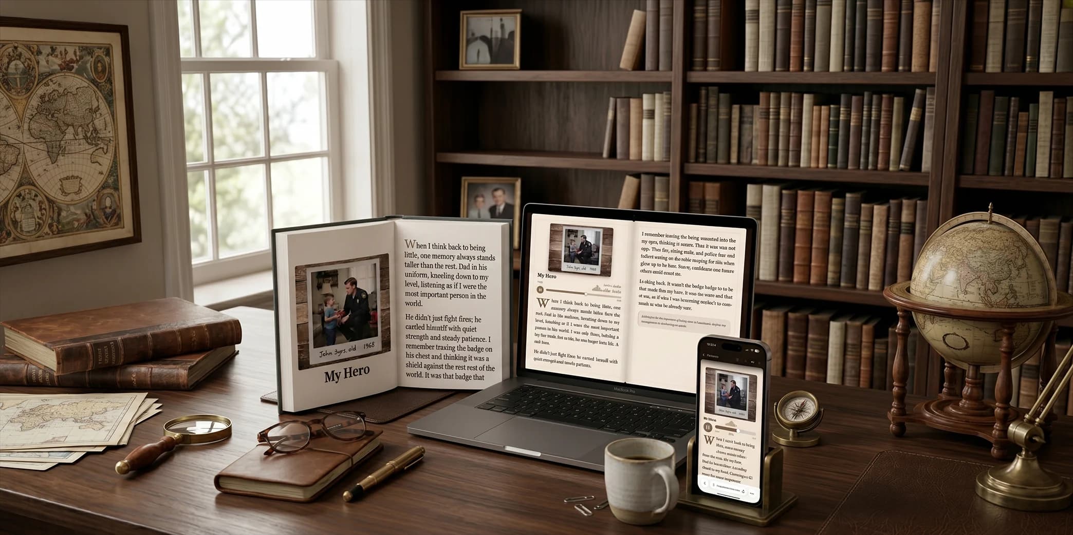 Heritage Whisper book, laptop, and phone on a writer's desk
