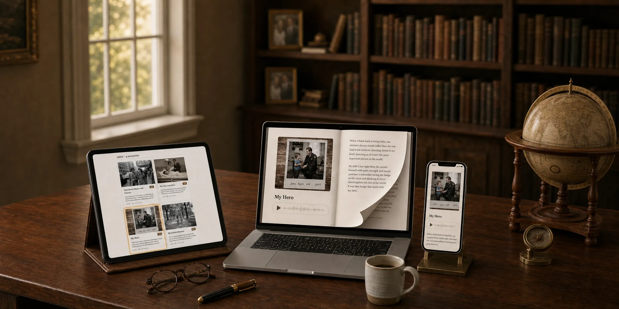 A family story on a tablet timeline, a laptop book reader, and a phone on a warm study desk