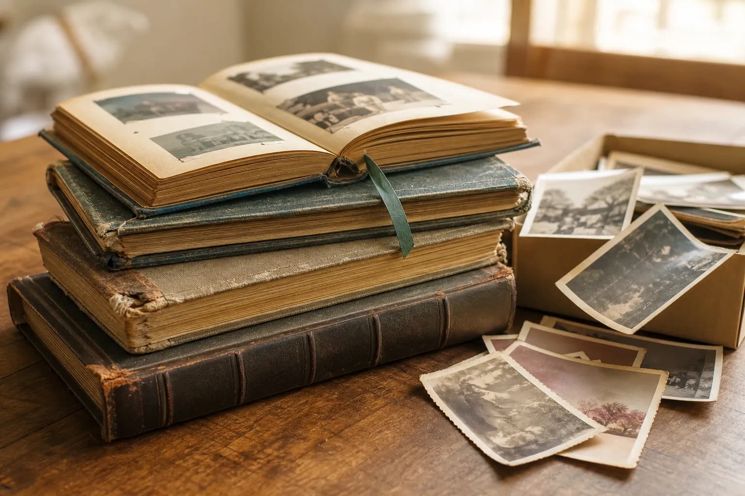 A stack of worn family photo albums beside a shoebox of loose old photographs