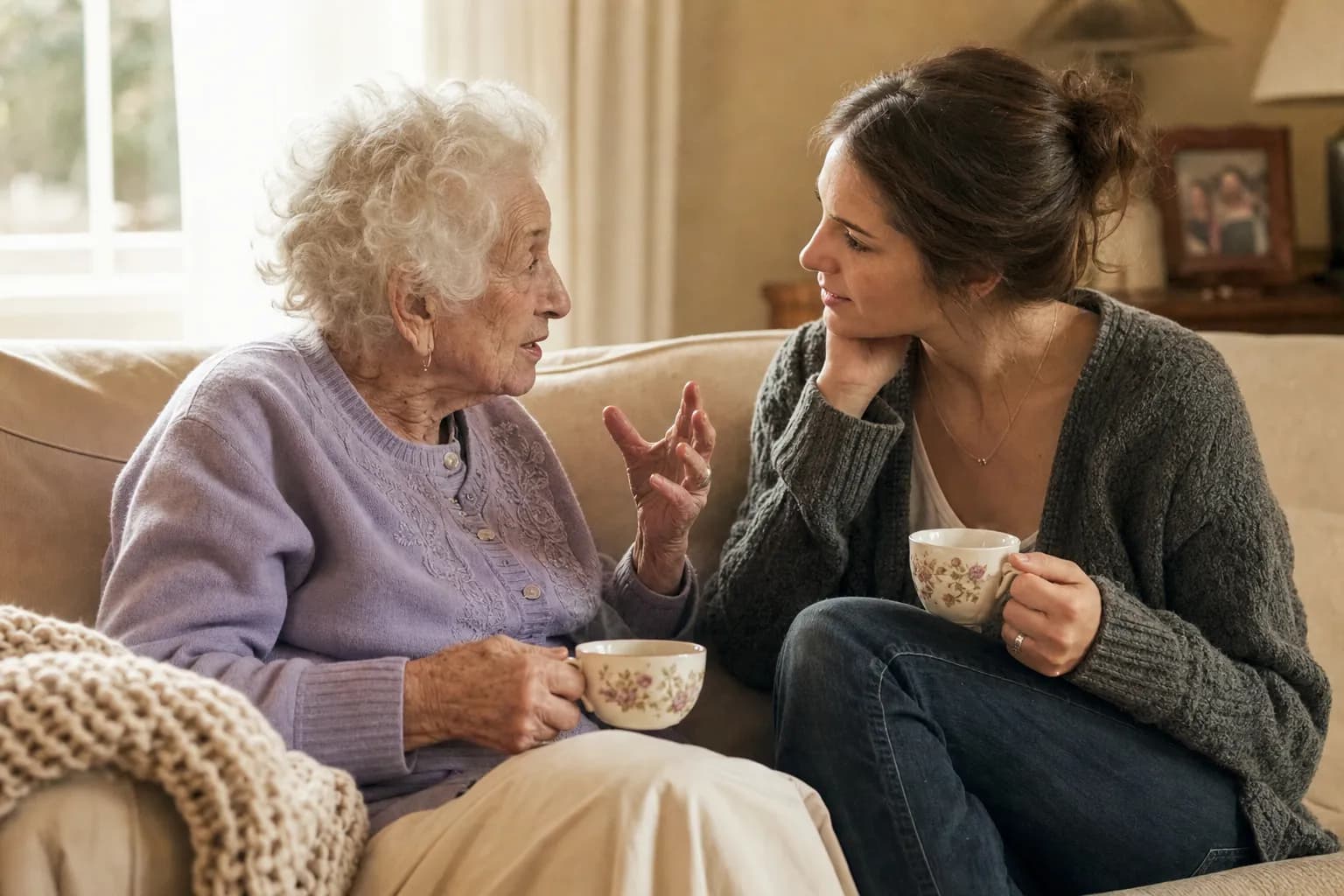 A grandmother telling stories to her granddaughter over tea on a sunlit sofa