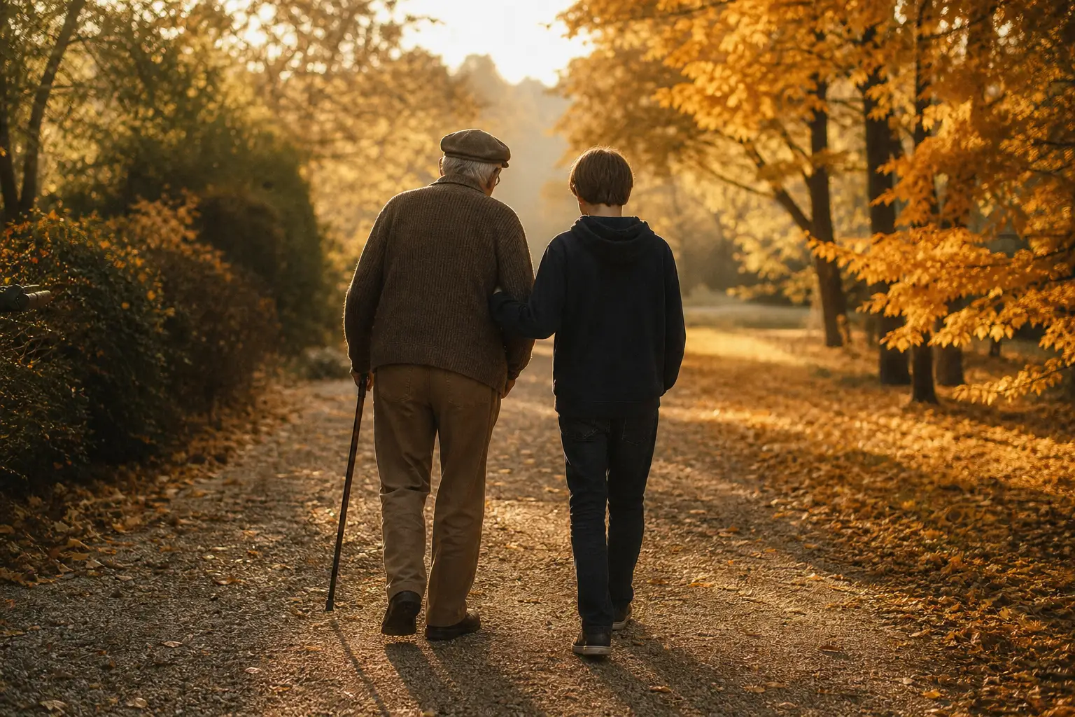 A grandfather and grandchild walking together down a garden path in the late afternoon