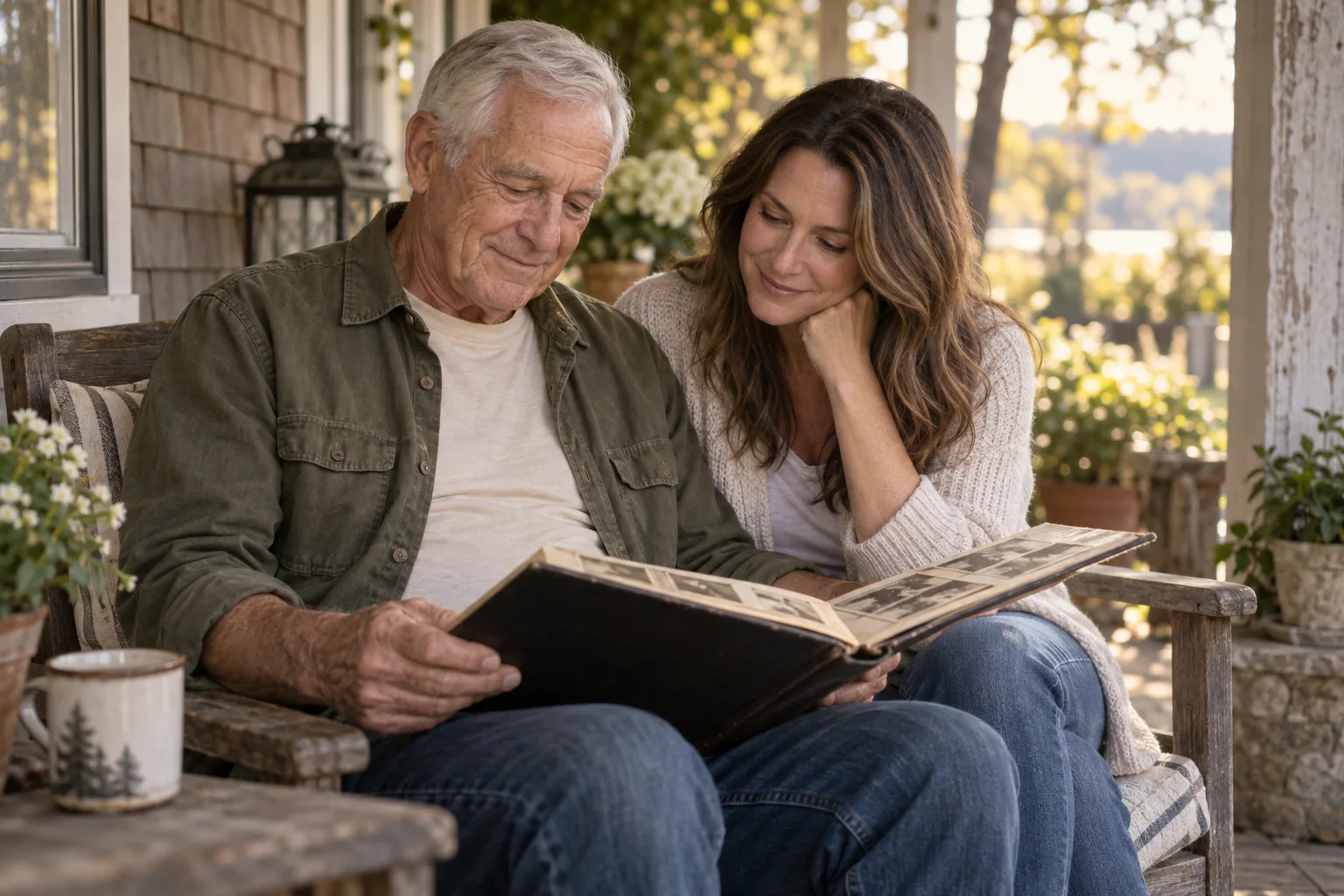 Illustrative scene of an older veteran in civilian clothes sharing photographs with an adult family member