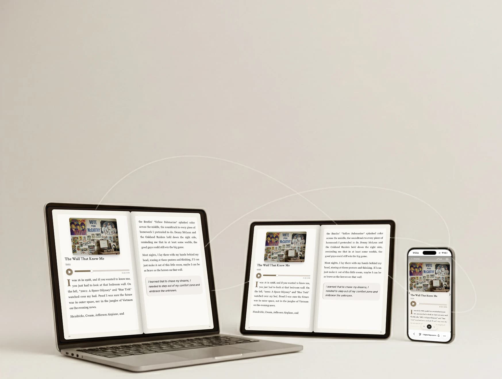 Heritage Whisper on laptop, tablet, and phone showing the living book, timeline, and story views