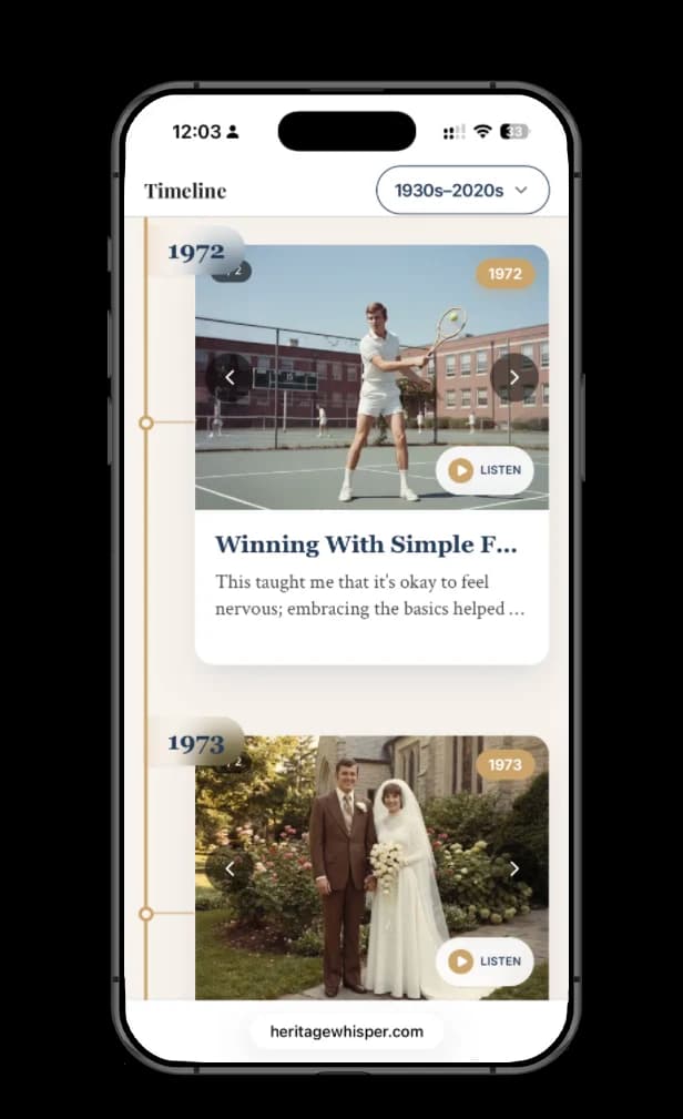 Living timeline showing recorded stories with photos and dates