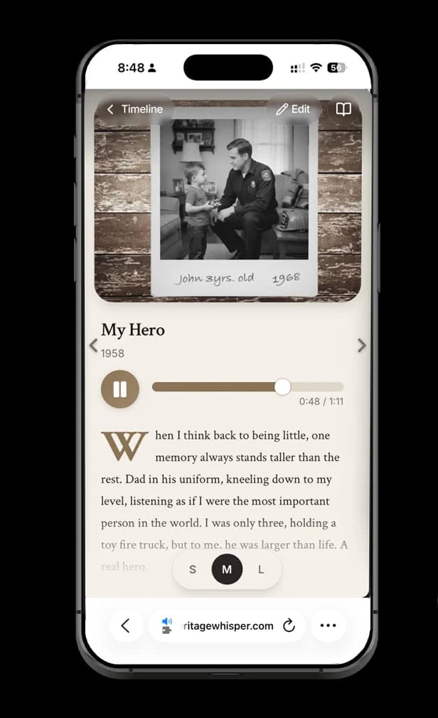 Story detail view with transcribed text and audio playback