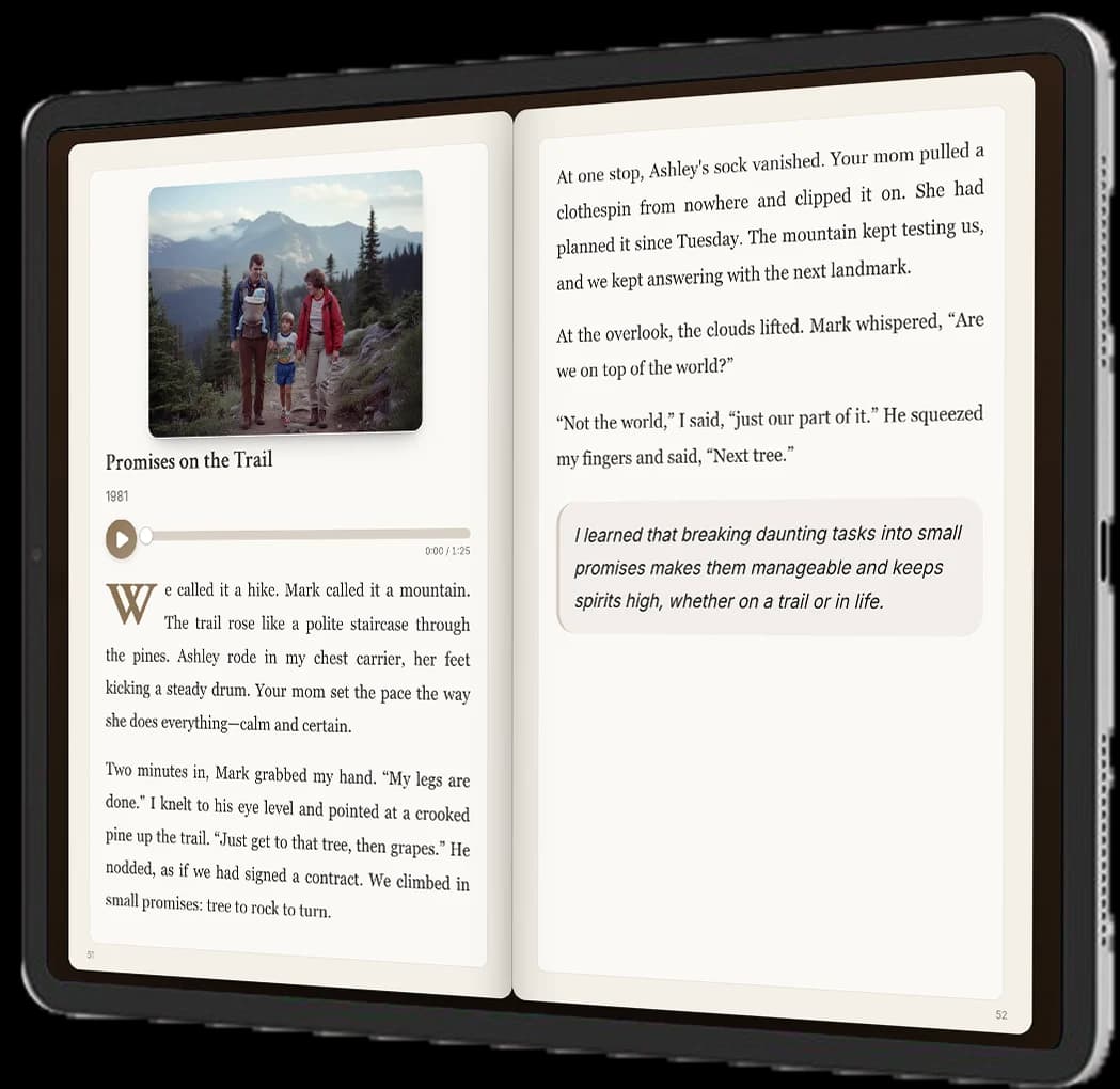 Digital book view showing stories laid out as a beautiful living book