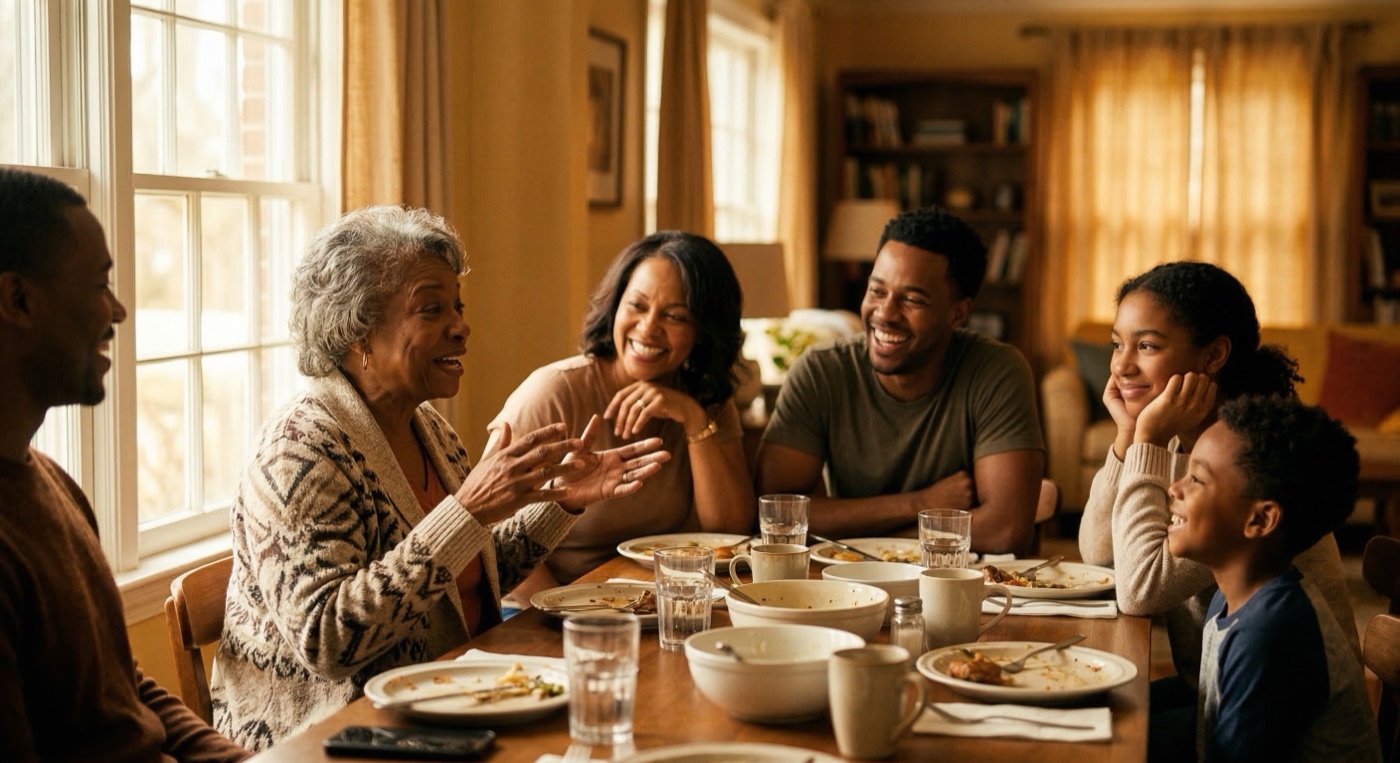 A multigenerational faith family gathered together sharing stories