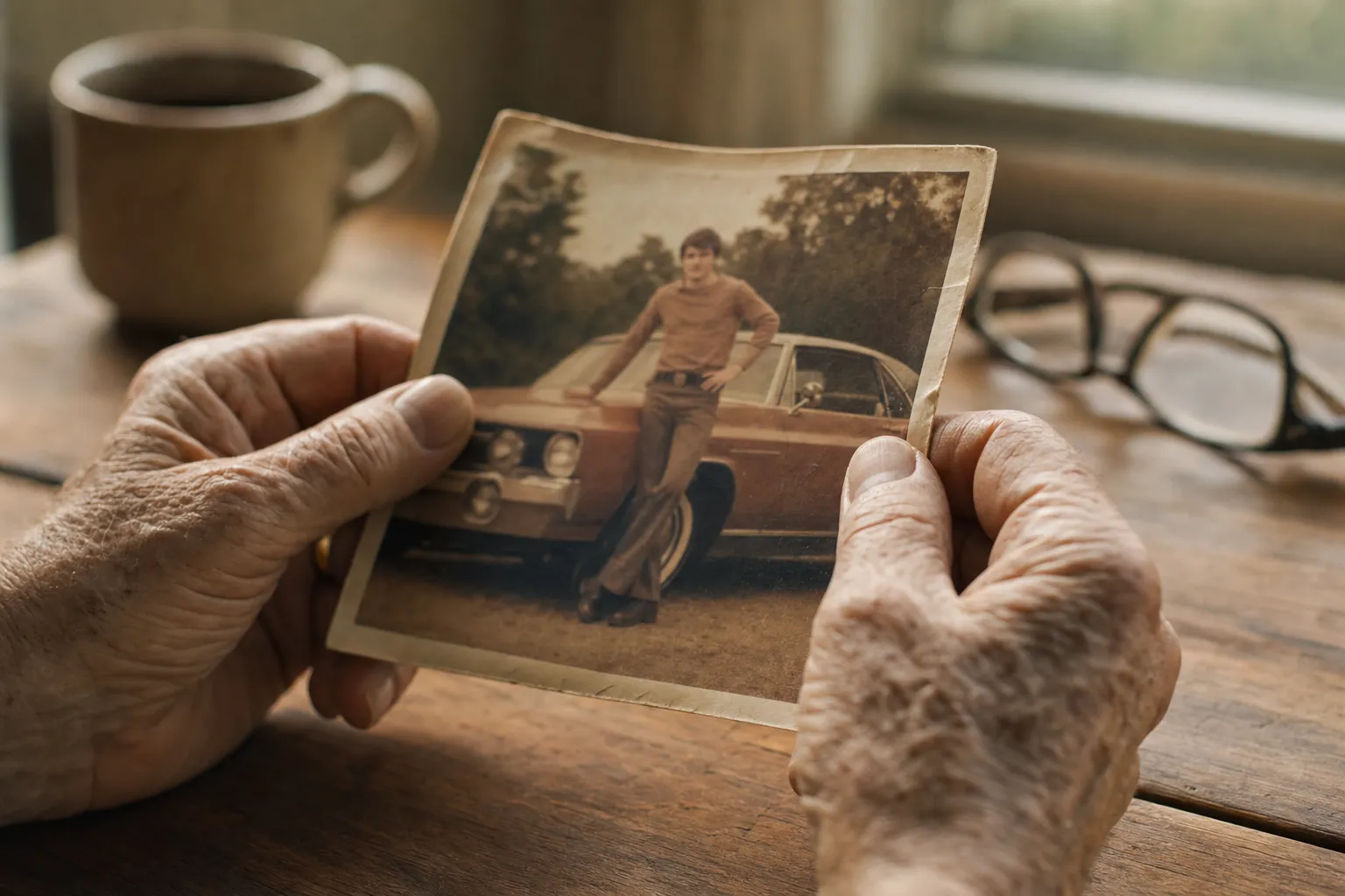 A father's weathered hands holding a faded 1970s photograph of himself as a young man beside his first car