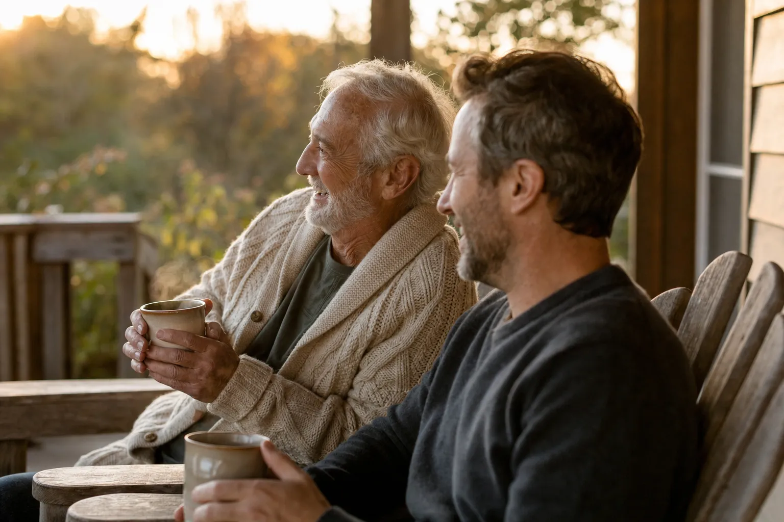 Adult son and his silver-haired father laughing together over coffee on a back porch at golden hour