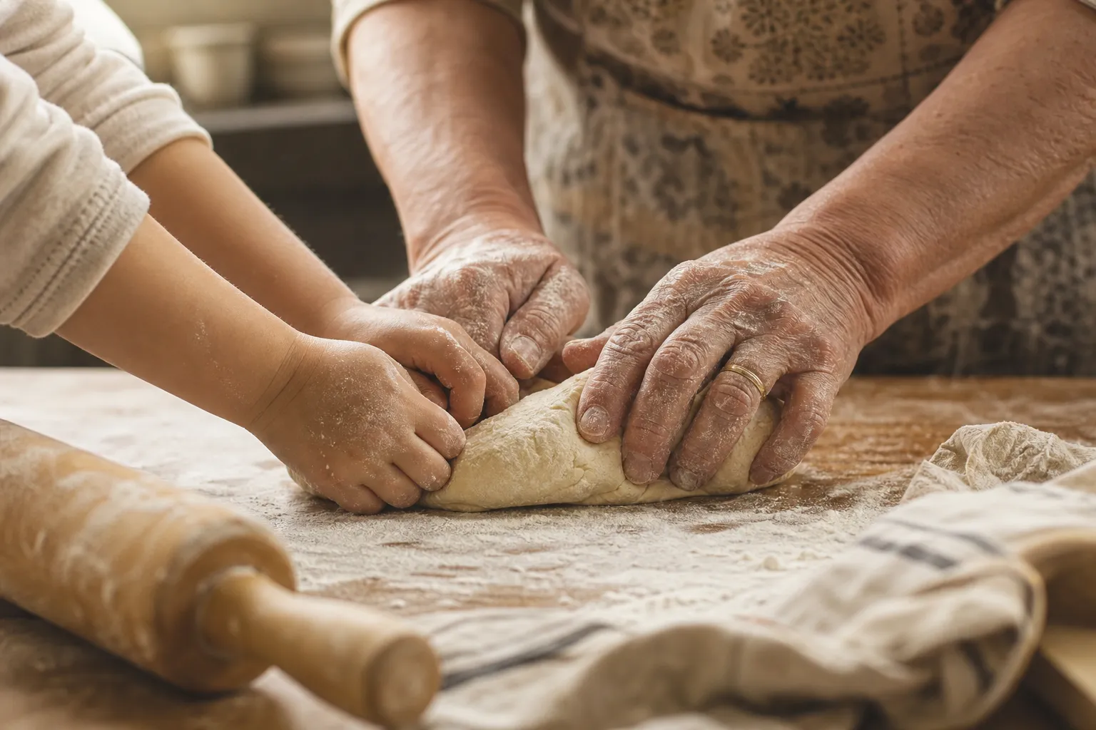 A grandmother's hands and a grandchild's hands kneading dough together on a floured counter