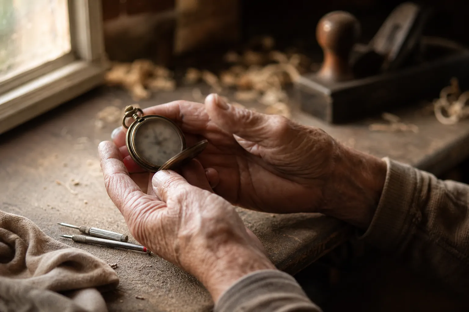 A grandfather's weathered hands holding an antique pocket watch at his workbench