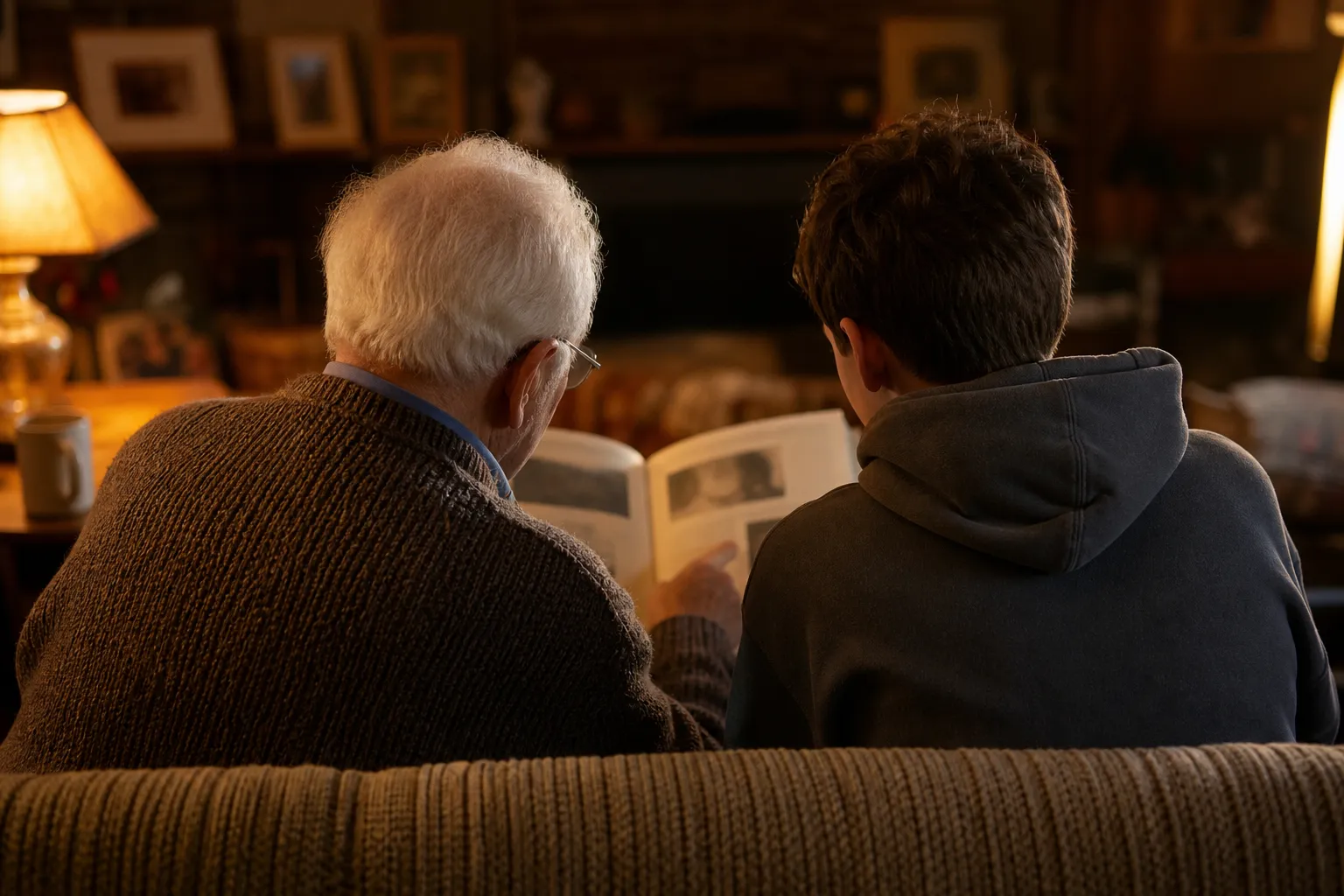 A grandfather and grandson looking through a photo album together on the couch