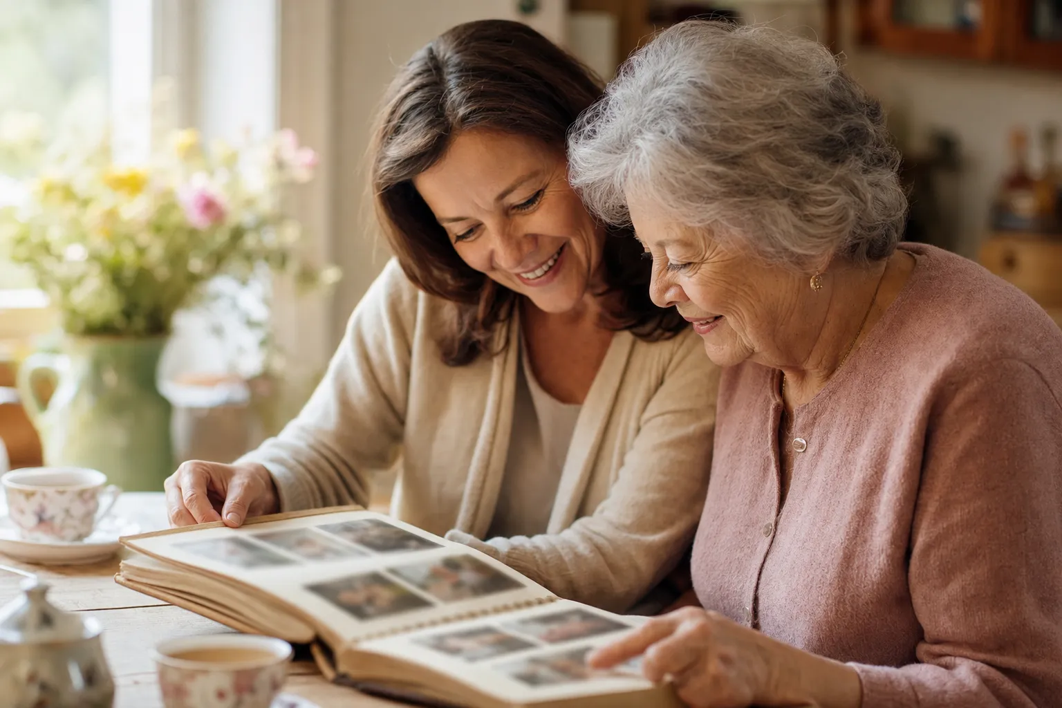 A mother and her adult daughter smiling over an open family photo album at a sunlit kitchen table