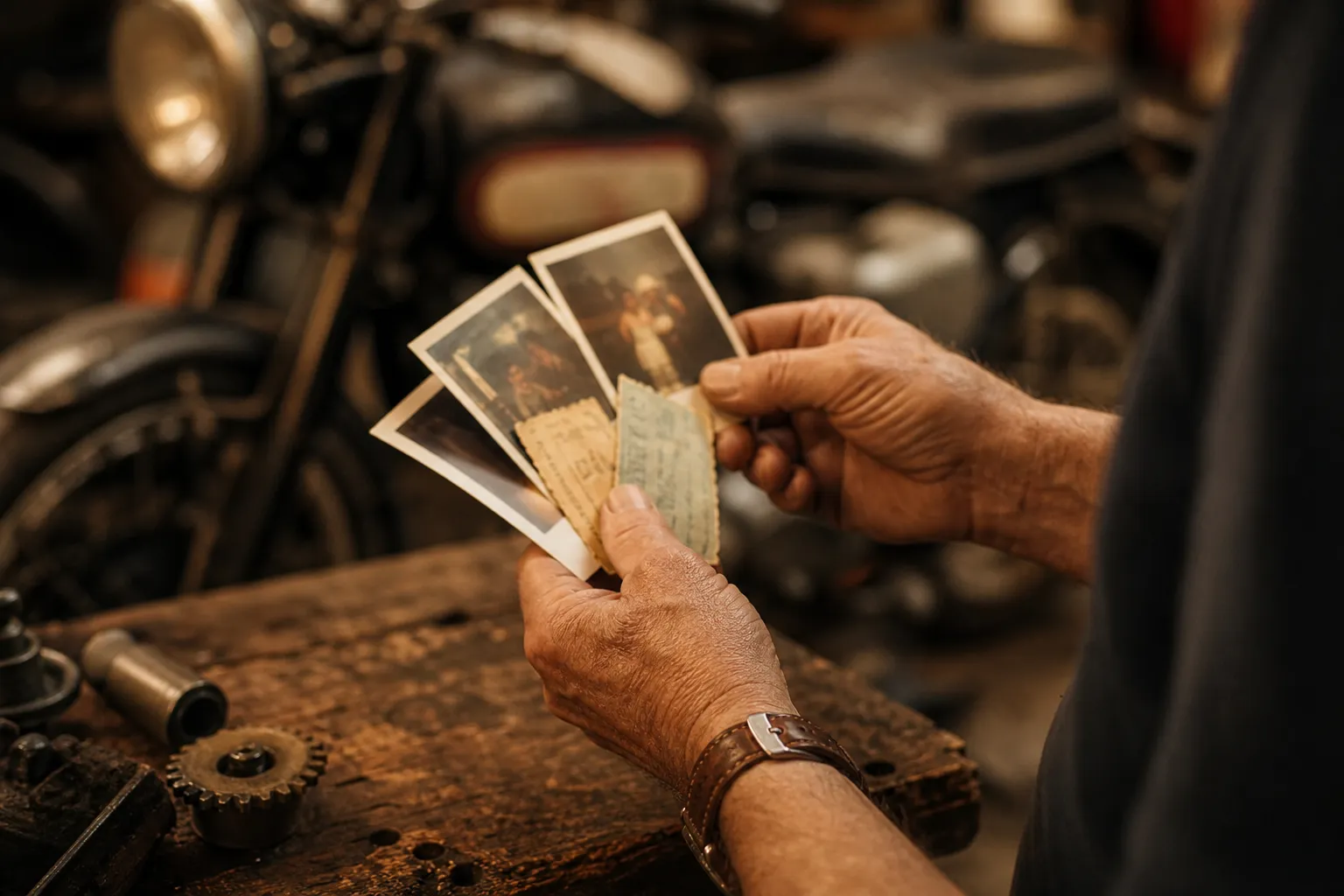 A man's hands holding old polaroid photos and concert ticket stubs in a garage