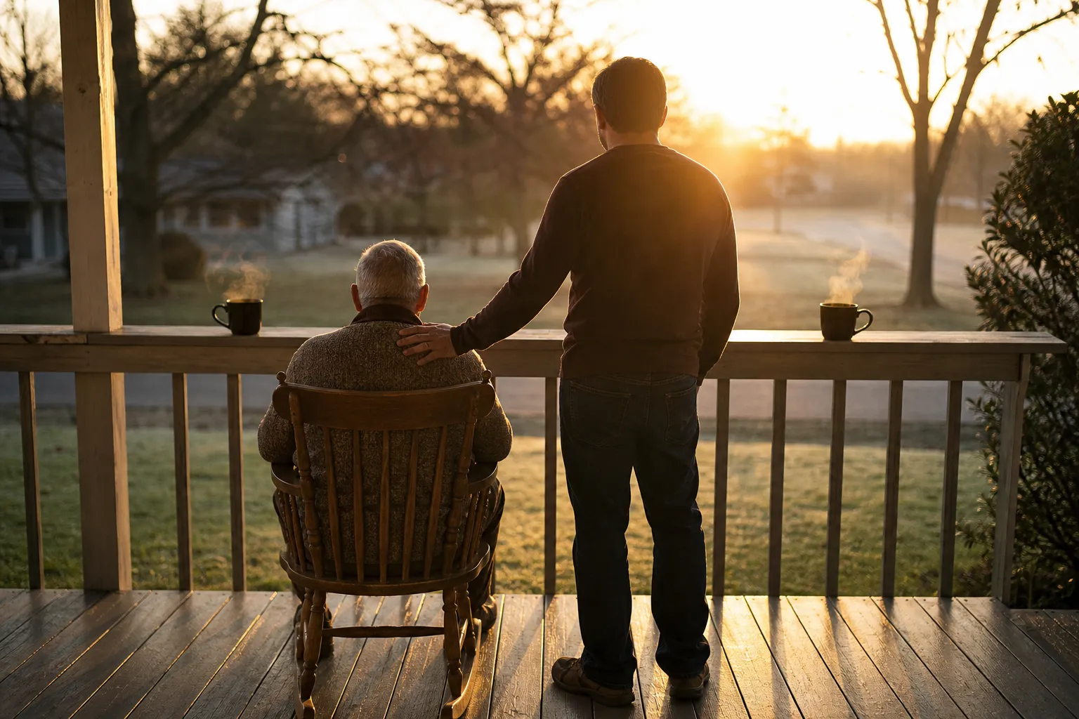 An adult child resting a hand on an elderly veteran's shoulder as they watch the sunrise from the porch